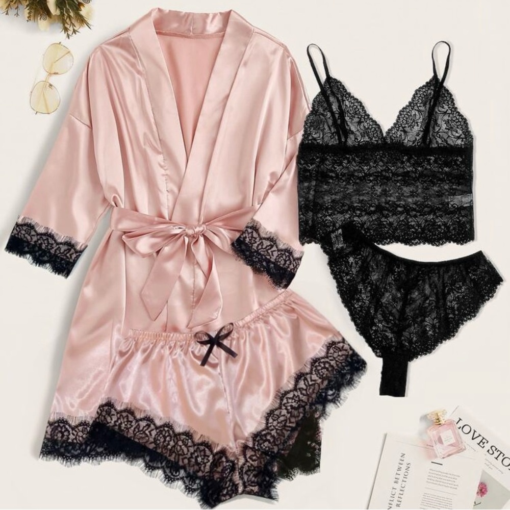 Elegant Pink and Black Lace Sleepwear Set